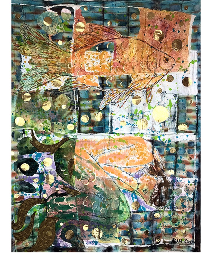 「Sleeping with the Fish」 111.8×142.3cm（44×56inch） テキスタル/染料・アクリル/手染・手捺染・手描