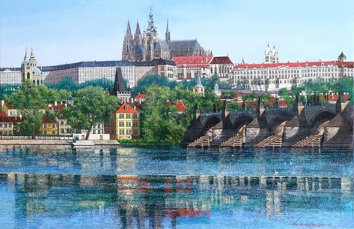 「プラハ城とモルダウ川」　油彩　M40