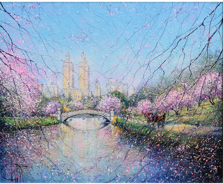 「ニューヨーク、春のセントラルパーク」 油彩 サイズ：12号 価格：1,540,000円  1965年27歳でアメリカ・ニューヨークに渡り、15年近く作家活動したデサップ。春の晴れた空の下、セントラルパークを散歩した当時を回想し描かれた、爽やかな作品です。 桜満開の春を待ち侘びる、今の季節にぴったりな逸品です。