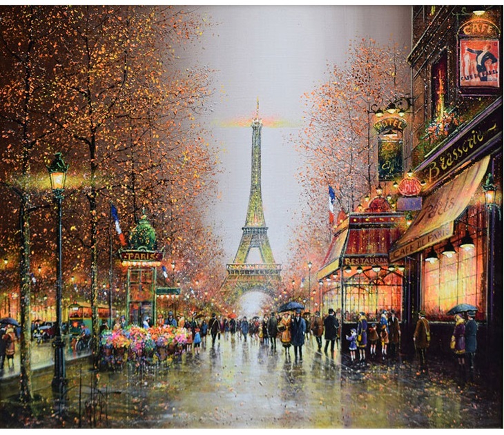 「パリ、エッフェル塔、秋の夕暮れ」 油彩 サイズ：10号 価格：1,375,000円  華やかなパリの目抜き通りからのぞむエッフェル塔。吸い込まれるような構図がダイナミックな、デサップの代表的作品です。 大変人気を博したこの構図は、2019年に制作されたジクレー版画のモチーフともなっています。