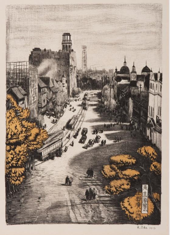織田一磨《『東京風景』より「上野廣小路」》 1916 年 リトグラフ、紙