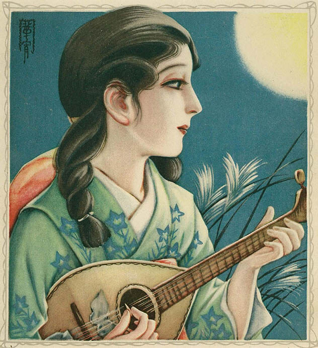 高畠華宵・画「月夜のマンドリン」1925年（大正14）