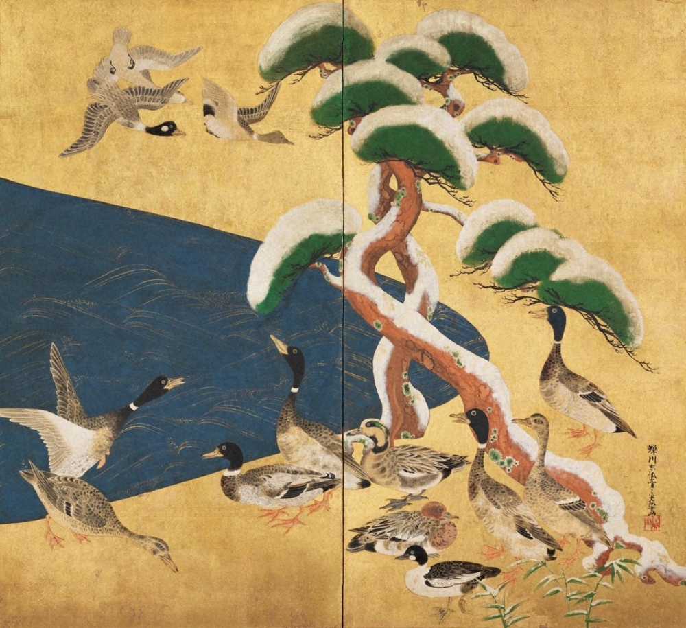 尾形光琳 【後期】雪松群禽図屏風 江戸時代前期　18世紀初頭