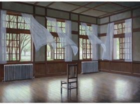 サイズ：12号M どこか懐かしい木造校舎の教室。床に映る新緑の緑と窓から吹き込む柔らかな風を表現しています。
