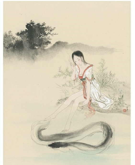1「女と大鰻」 33.6×43.3cm 和紙に墨、アクリル、顔彩 2020年