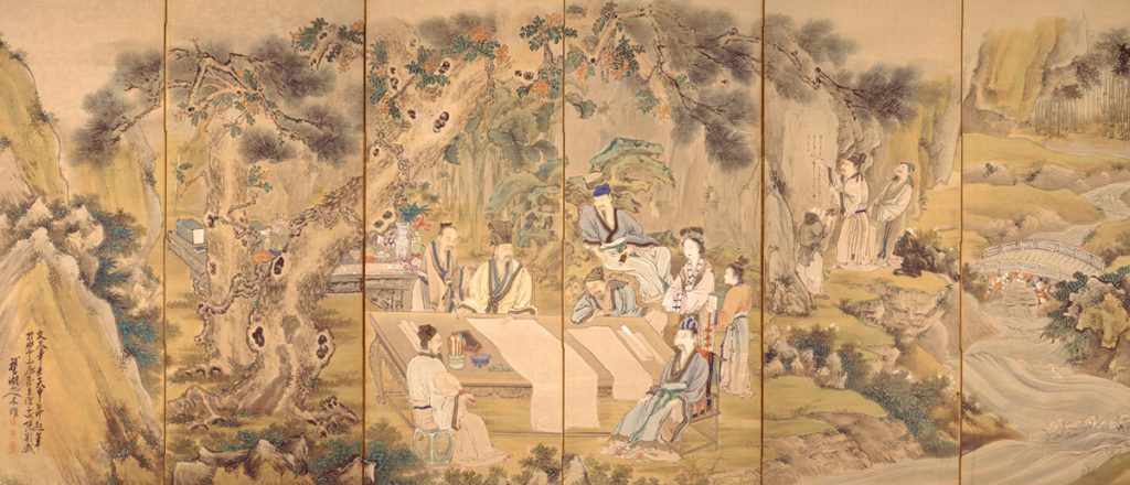 鈴木鵞湖　《西園図》（左隻） 絹本着色　六曲一双屏風 　文久元年(1861)　千葉市美術館蔵