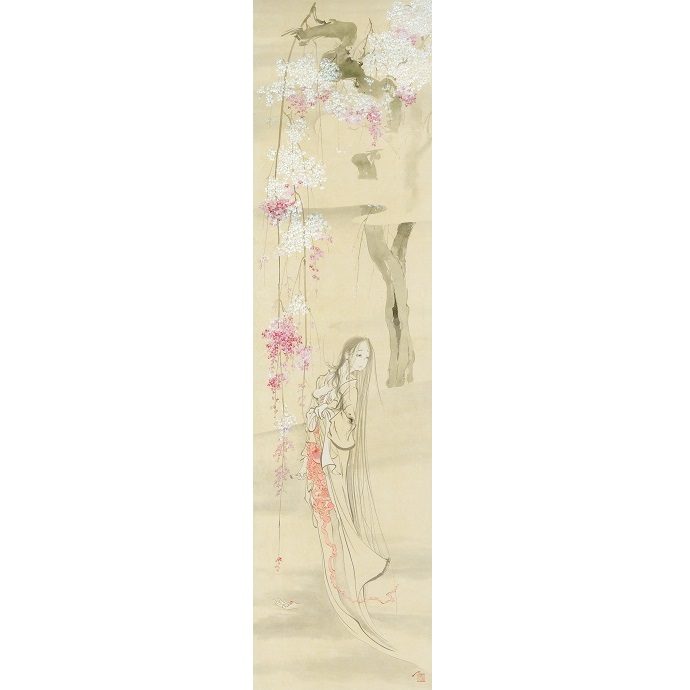 13「枝垂れ桜と幽霊」  227×87cm 和紙に墨、アクリル、金箔  2021年