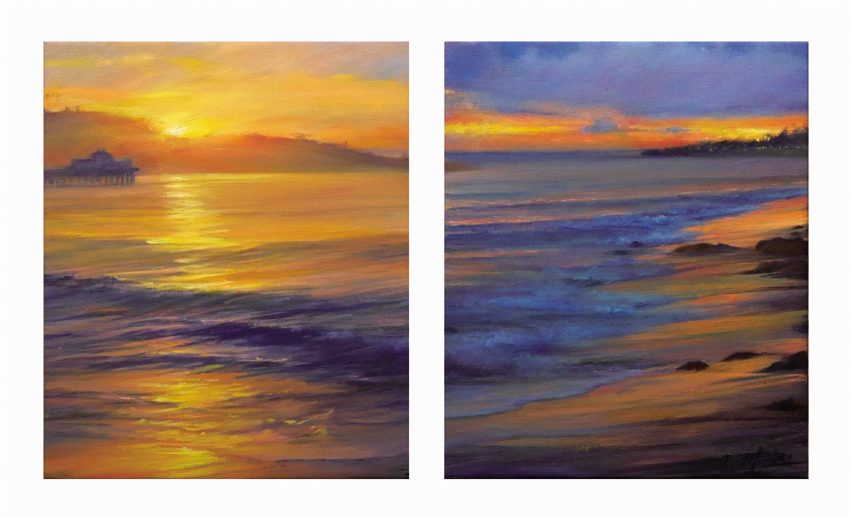 「魅惑のとき」  油彩  45.5 × 38 cm を対配置　     マリブビーチの夜明けを左側に、夕暮れを右側に配置。  一地点の一日の異なる時刻の風景を対の作品に仕立てた  ユニークな着想。フェットマン氏の光の表現力を見事に  生かした作品です。
