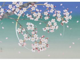 「桜月夜」12号M とあるうららかな春の夜、月明かりに咲きこぼれるソメイヨシノの夜桜に出逢いました。 そんな薄紅色の花姿と二日月をイメージして描きました。