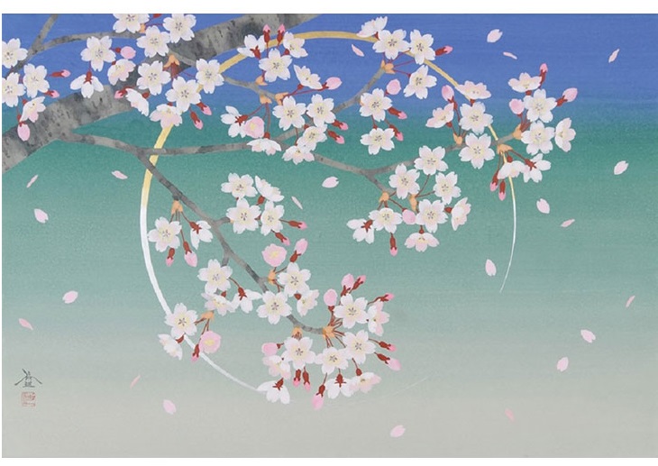 「桜月夜」12号M とあるうららかな春の夜、月明かりに咲きこぼれるソメイヨシノの夜桜に出逢いました。 そんな薄紅色の花姿と二日月をイメージして描きました。