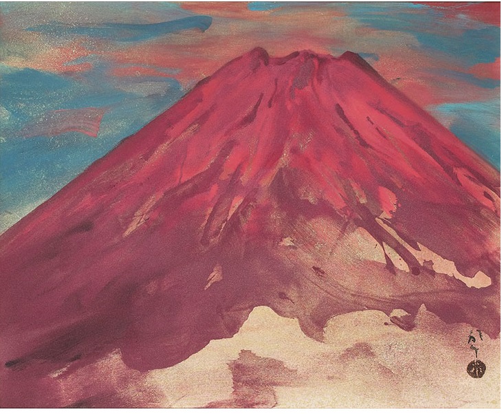川端 龍子「紅富士」 サイズ：46.0x56.0cm  川端龍子は、はじめ洋画家を目指して西洋画を学び、その後日本画家へ転向して活躍しました。繊細巧緻な作風が主流だった時代に大胆な構図と鮮やかな色彩で数々の大作を描き、日本画の新境地を開きました。