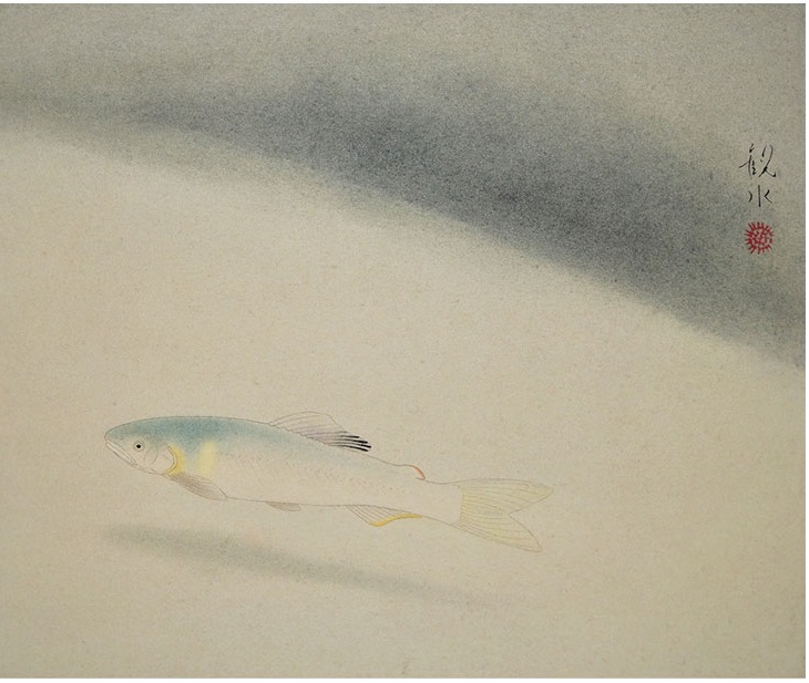 「鮎」 サイズ：8号   日本の清流に生息し、釣り人の憧れの魚である鮎。 鑑賞時に臨場感が出るよう、川の深みの横を静かに通り過ぎる様子を描いています。