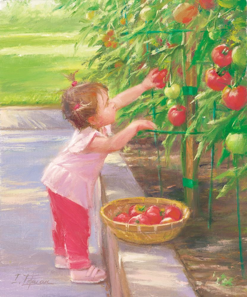 「甘い、甘い、トマト」  キャンバスに版画  45.5 × 38 cm     アイリーン・フェットマン氏は風景だけでなく、  時に、このような愛らしい女の子を描きます。  誰が見ても微笑みたくなるようなしぐさは、  作家の人に対する温かい眼差しを感じさせてくれます。  その幼い仕草で少女の心の中まで表しているような、  魅力的な作品となっています。  無垢な好奇心への深い関心は、作家自身が今も失って  いないものでもあります。