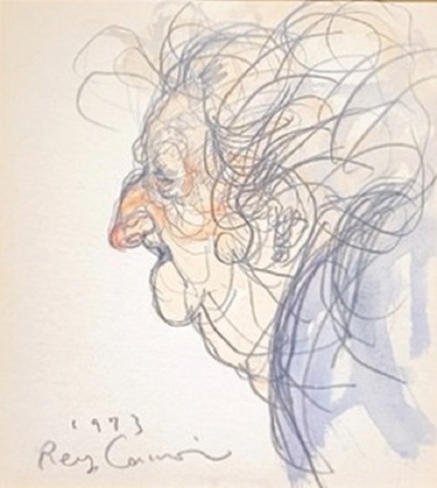 鴨居 玲　「おばあさん」  27.2×27.2cm  色紙に鉛筆・水彩　1973年