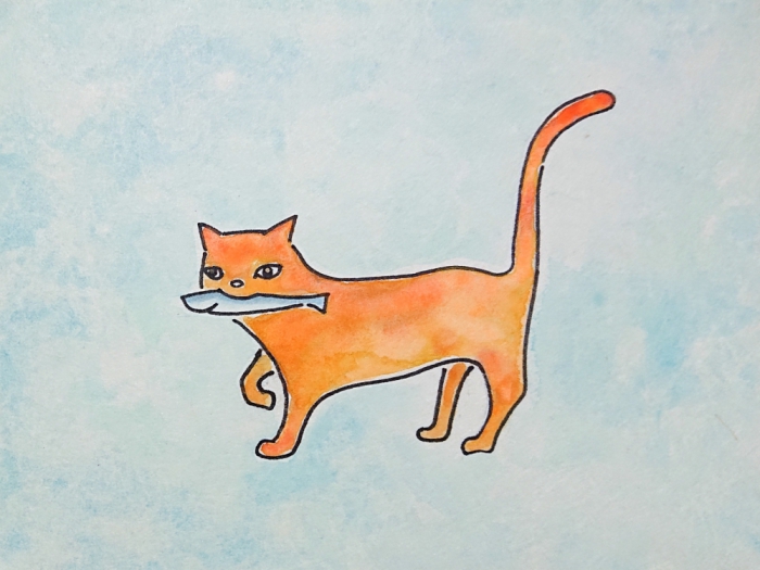 関根 貴之　「お魚くわえた野良猫。」　パネルに和紙、水彩等　15×20cm
