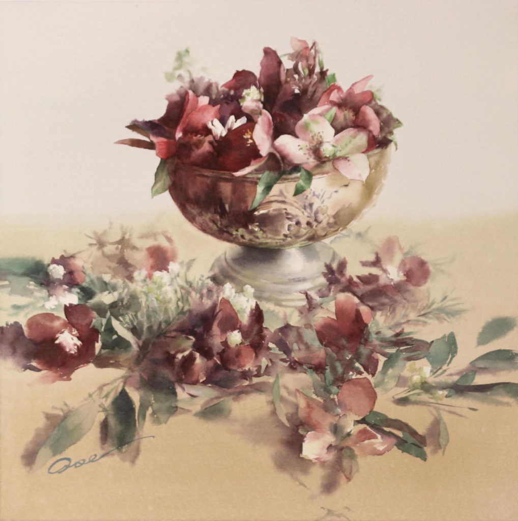 青江健二「Chrismas rose」 （三原色透明水彩、35×35cm）