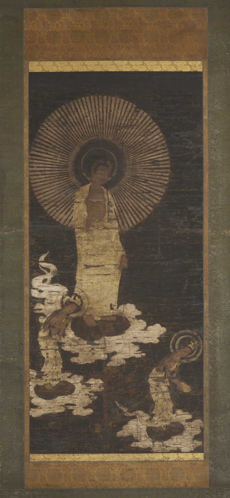 阿弥陀三尊来迎図 絹本着色　鎌倉～南北朝時代　14世紀　88.7×40.2cm