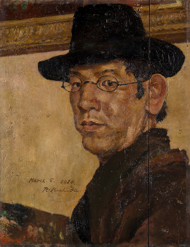 岸田劉生《黒き帽子の自画像》1914 年　油彩、板　個人蔵