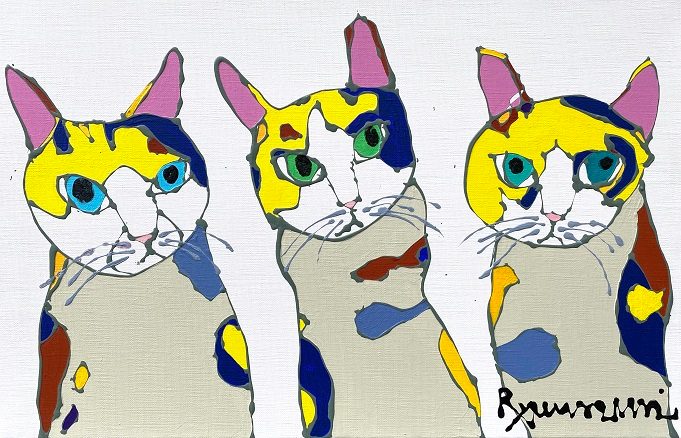 「3 Cats」  10M（33.3×53.0cm） キャンバスにエナメルとアクリル  2022年