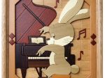 木壁画「うさぎ君ピアノを演奏する」 額サイズ　H390×W330mm　