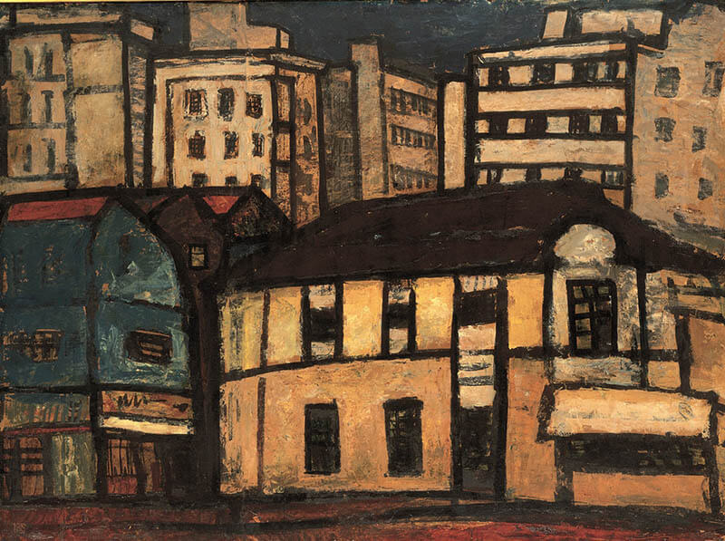 松本竣介《建物》1935年　板に油彩、紙 神奈川県立近代美術館蔵
