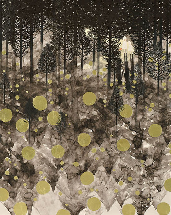 「光の森」 2021年　雲肌麻紙、膠、墨、岩絵具、金箔　162.1×130.3cm 矢島史織
