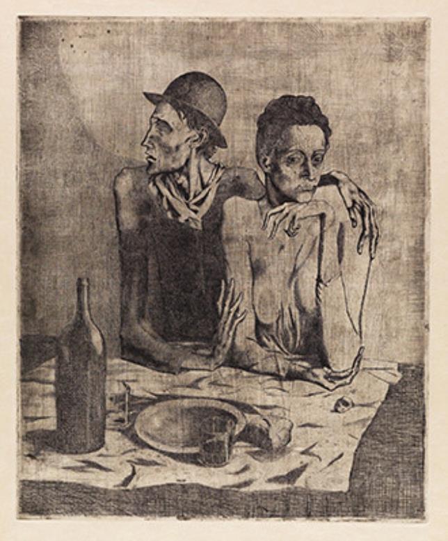 《貧しい食事》〈サルタンバンク・シリーズ〉より パブロ・ピカソ エッチング 1904年 46.2x38.6cm イスラエル博物館(エルサレム)蔵 Gift of Max Palevsky, Los Angeles, to American Friends of the Israel Museum Photo © The Israel Museum, Jerusalem by Elie Posner © 2022 Succession Pablo Picasso BCF (JAPAN)