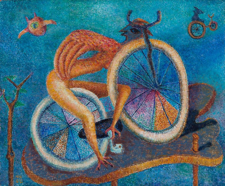瑛九《自転車》1956 年　油彩、キャンバス　当館蔵