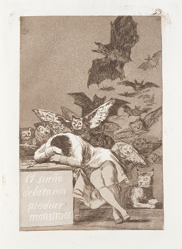 フランシスコ・デ・ゴヤ《理性の眠りは怪物を生む》『ロス・カプリチョス』第43番 1797-1799年 エッチング、アクアティント・簀目紙 31.4×20.6cm　長崎県美術館蔵