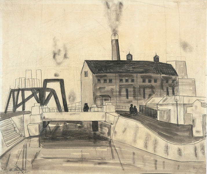 松本竣介《Y市の橋》1943年　鉛筆、墨、紙　神奈川県立近代美術館蔵