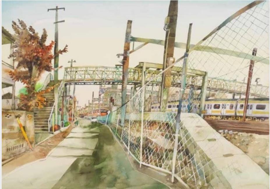 金斗鉉《三鷹駅陸橋》2005年 水彩 三鷹市美術ギャラリー蔵