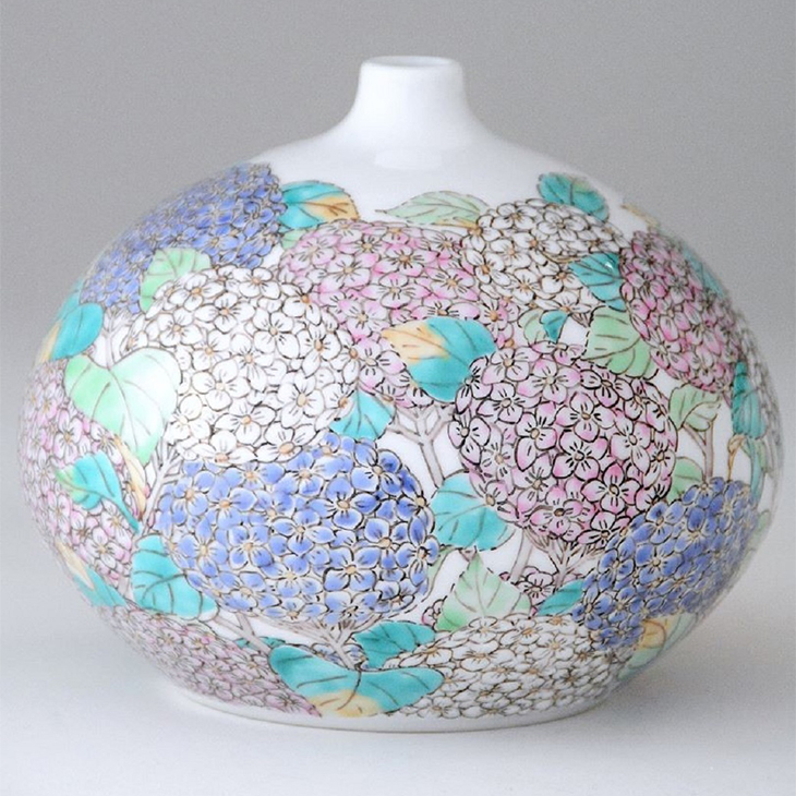 紫陽花文細口丸花瓶 サイズ：径11.5×高さ12cm