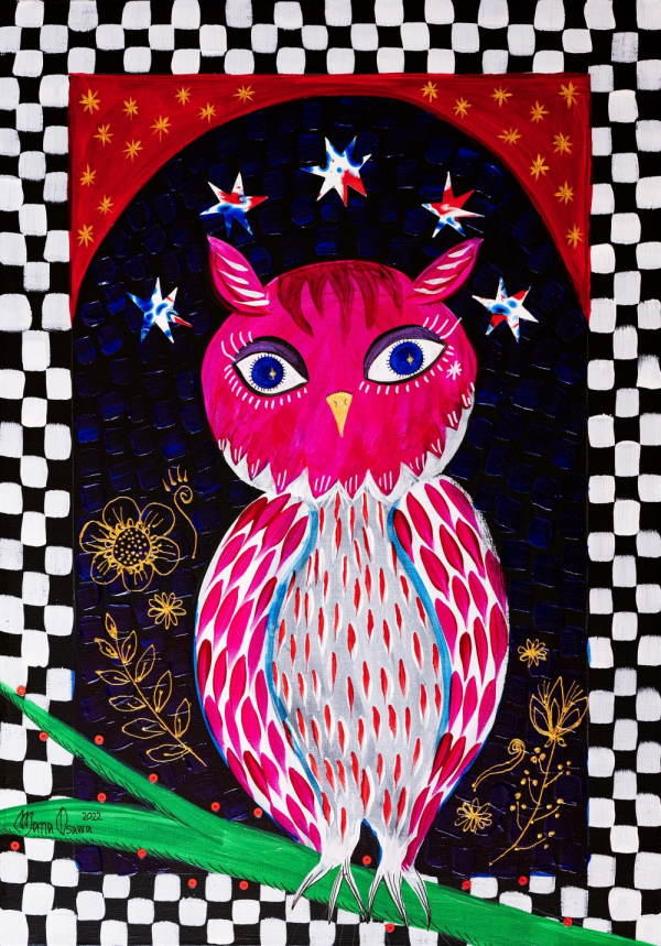 「Owl Stella」アクリル絵具、ミクストメディア、コラージュ、 カンヴァス　M15号