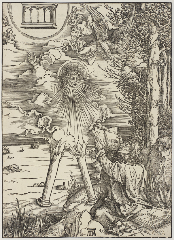アルブレヒト・デューラー 『黙示録』より《書物をむさぼり喰う聖ヨハネ》 1498年頃、1511年（ラテン語版再版、印刷本としての初版は1498年） 木版、活版印刷／紙 所蔵館：国立西洋美術館