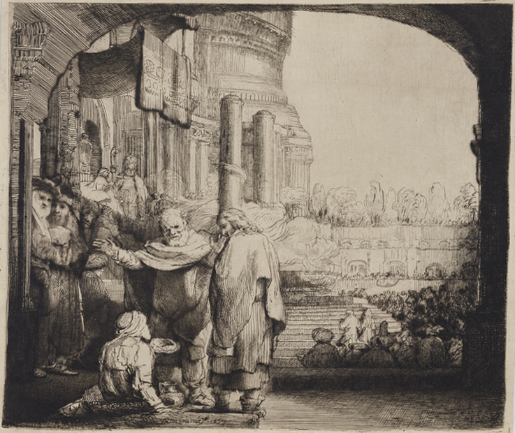 レンブラント・ハルメンスゾーン・ファン・レイン 《神殿の門の前で足の不自由な男を癒すペテロとヨハネ》 1659年　エッチング、ドライポイント、エングレーヴィング／和紙 所蔵館：国立西洋美術館