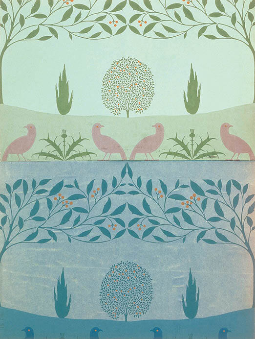 チャールズ・フランシス・アンズリー・ヴォイジー《小鳥と花「エセックス　No.A.14》　1907年頃　個人蔵