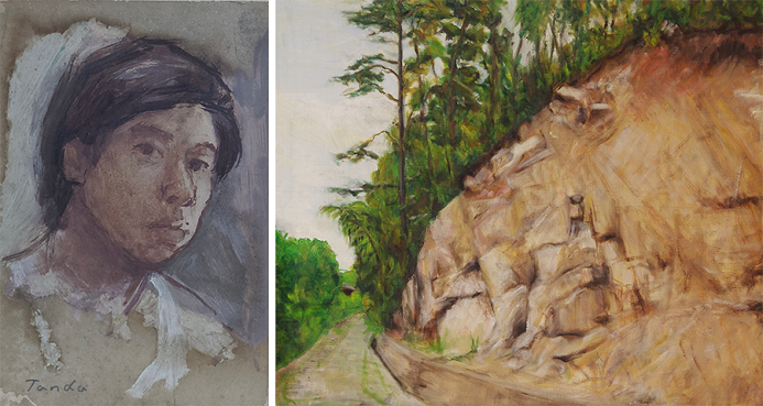 （左）「自画像」 1970’s 油彩・ボード、（右）《風景》1974 油彩・キャンバス