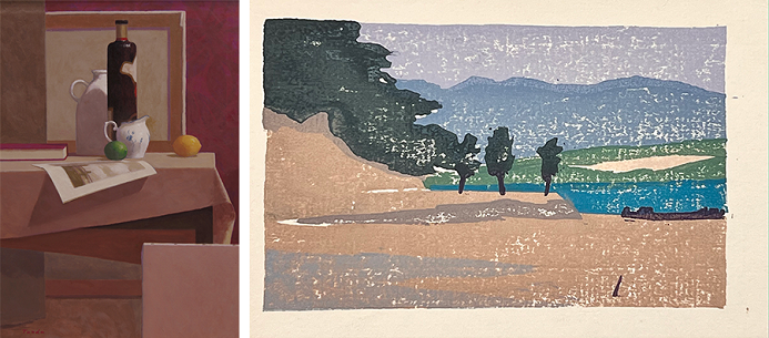 （左）《白いポット》1985（2015加筆） 油彩・キャンバス、（右）「年賀状」1988 木版