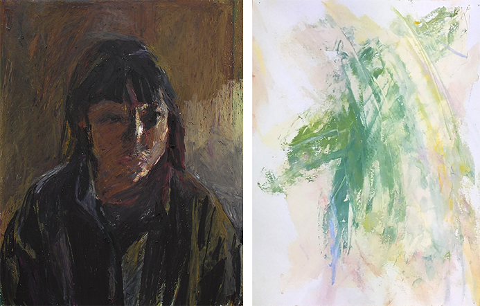 （左）笹井孝太《Rainy morning portrait》2021　オイルパステル・紙 （右）はる《light tree》2022　油彩・紙