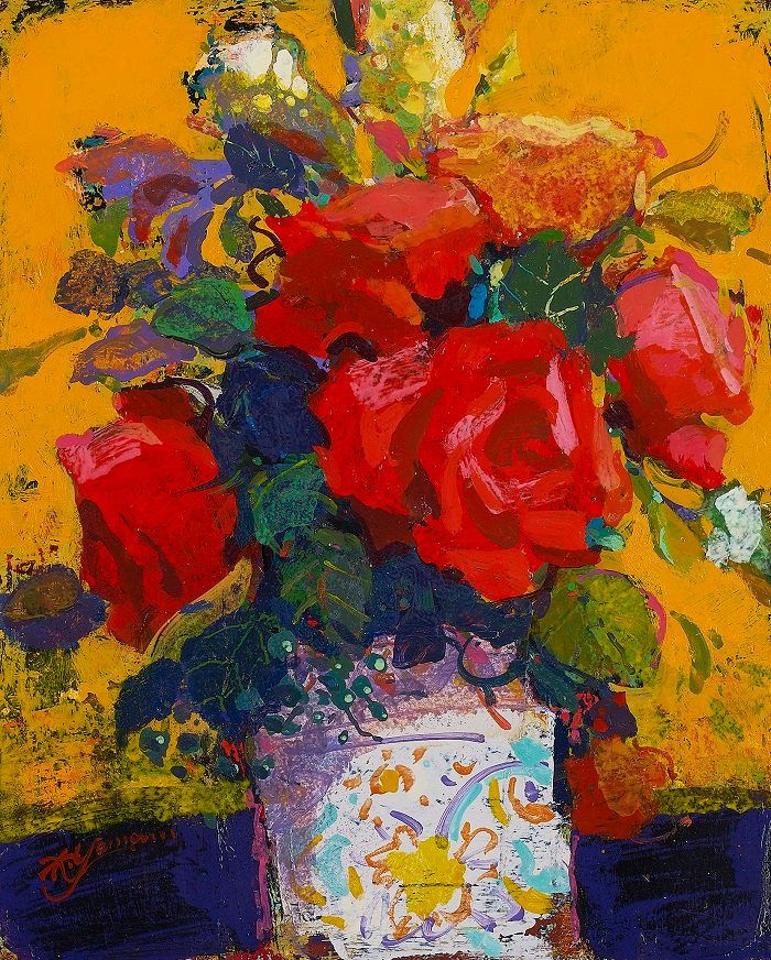 山内 和則 「 薔薇のブーケ」 油彩 F3号 「薔薇の花のモチーフは､常に私の絵画制作の普遍的なテーマのひとつとして取り組んでいるものです。 『愛』と『美』を象徴するこの花は、多くの人を魅了してやみません。 私の絵画芸術になくてはならないモチーフです。」