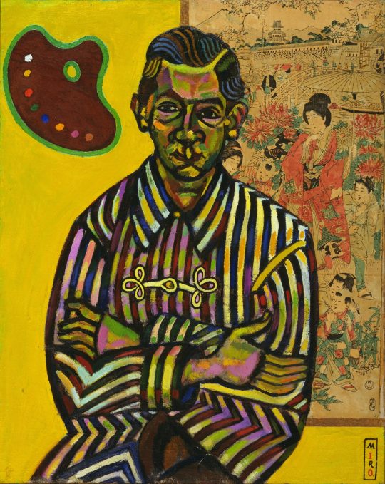 ジュアン・ミロ 《アンリク・クリストフル・リカルの肖像》1917年　ニューヨーク近代美術館　©The Museum of Modern Art, New York. Florene May Schoenborn Bequest, 1996/Licensed by Art Resource, NY ©Successió Miró/ADAGP, Paris & JASPAR, Tokyo, 2022 E4304 美術学校時代に出会った親友リカルの肖像画に、実際の浮世絵を直接画面に貼っている。ミロの日本への興味をうかがわせる、若き日の作品。