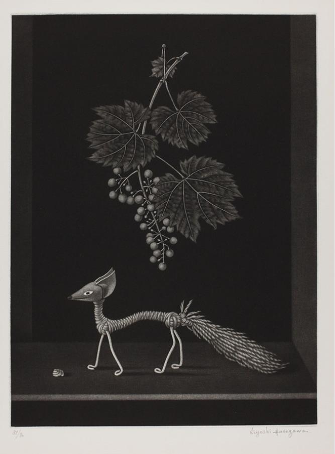 長谷川潔《狐と葡萄(ラ・フォンテーヌ寓話)》1963年、メゾチント、359×266㎜ 町田市立国際版画美術館