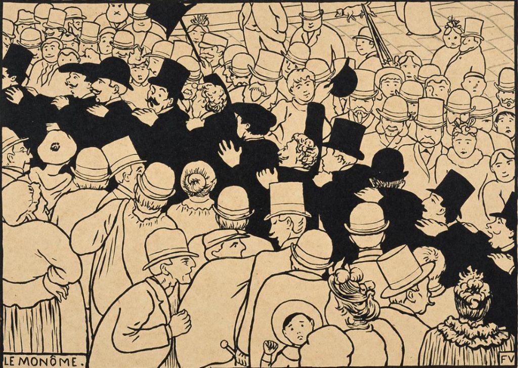 フェリックス・ヴァロットン《学生たちのデモ行進（息づく街パリⅤ）》1893 年 ジンコグラフ 三菱一号館美術館