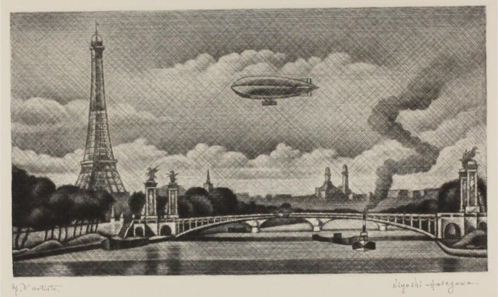長谷川潔《アレキサンドル三世橋とフランスの飛行船》1930年、メゾチント、137×307㎜ 町田市立国際版画美術館