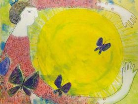「蝶と太陽」 アクリル、キャンバス、スクラッチ　30F　