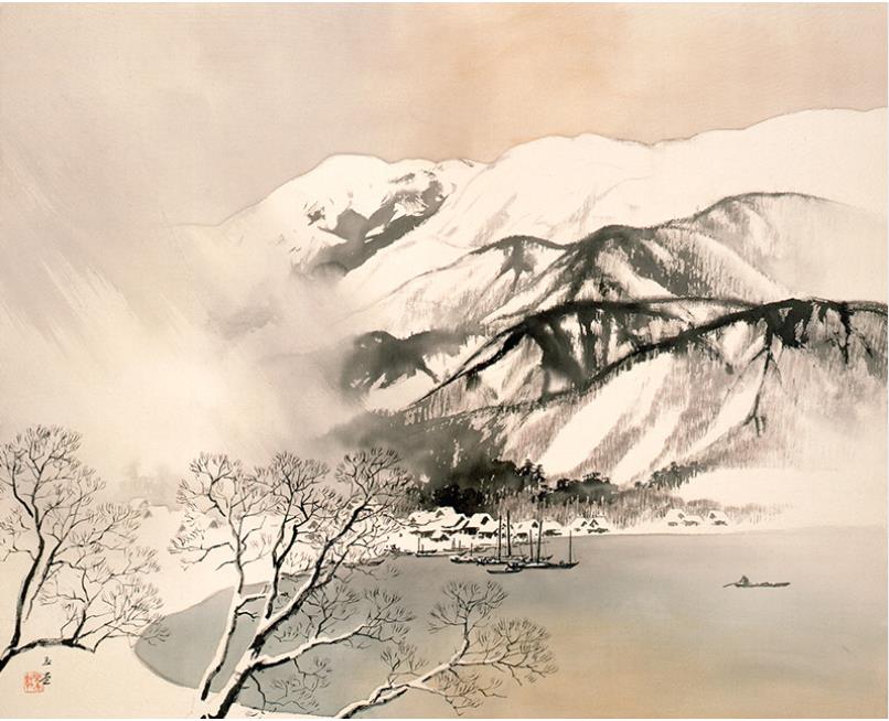 川合玉堂《雪志末久湖畔》1942(昭和 17)年 絹本・墨画淡彩 山種美術館