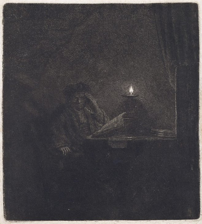 レンブラント・ハルメンスゾーン・ファン・レイン 《蝋燭の明かりのもとで机に向かう書生》 1642年頃 エッチング／紙