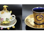 左：マイセン《貼り付け花鳥とスノーボール蓋付きカップ＆ソーサー》　1860-1880年 右：錦光山《京薩摩金彩龍文カップ＆ソーサー》　1800年代後期
