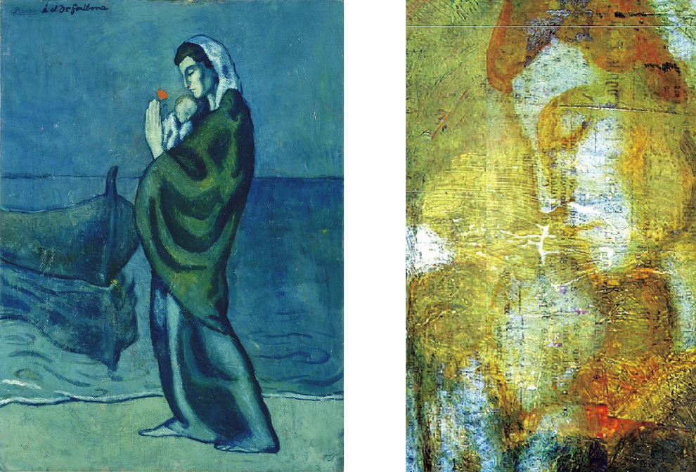 左：図1  《海辺の母子像》  1902年  油彩/カンヴァス  ポーラ美術館  ©2022-Succession Pablo Picasso-BCF (JAPAN)     右：図2  《海辺の母子像》(部分)  赤外線反射イメージング分光法による画像  © John Delaney, National Gallery of Art, Washington, 2018