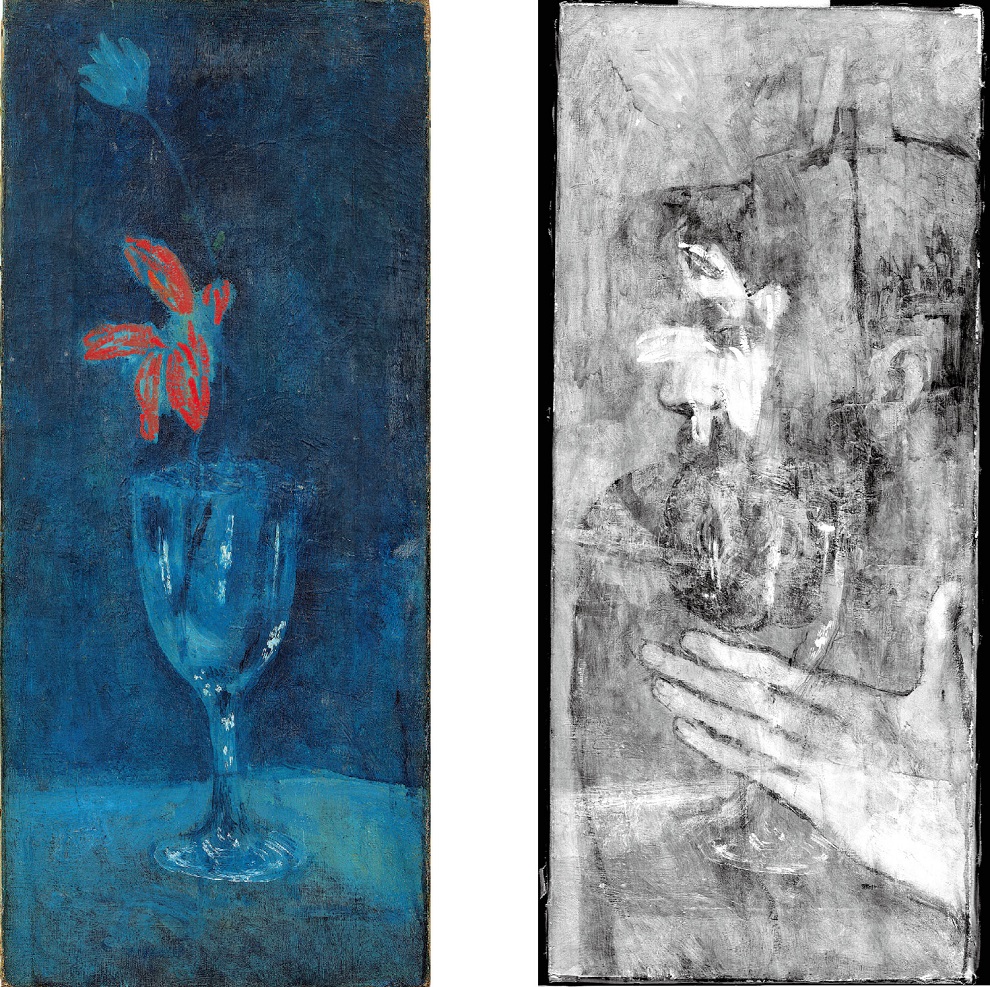 左：図4  《青いグラス》  1903年頃  油彩/カンヴァス  バルセロナ・ピカソ美術館  ©2022-Succession Pablo Picasso-BCF (JAPAN)     右：図5  《青いグラス》  赤外線反射画像  © Museu Picasso Barcelona / Photographic Reproduction: IFAC-CNR, 2019